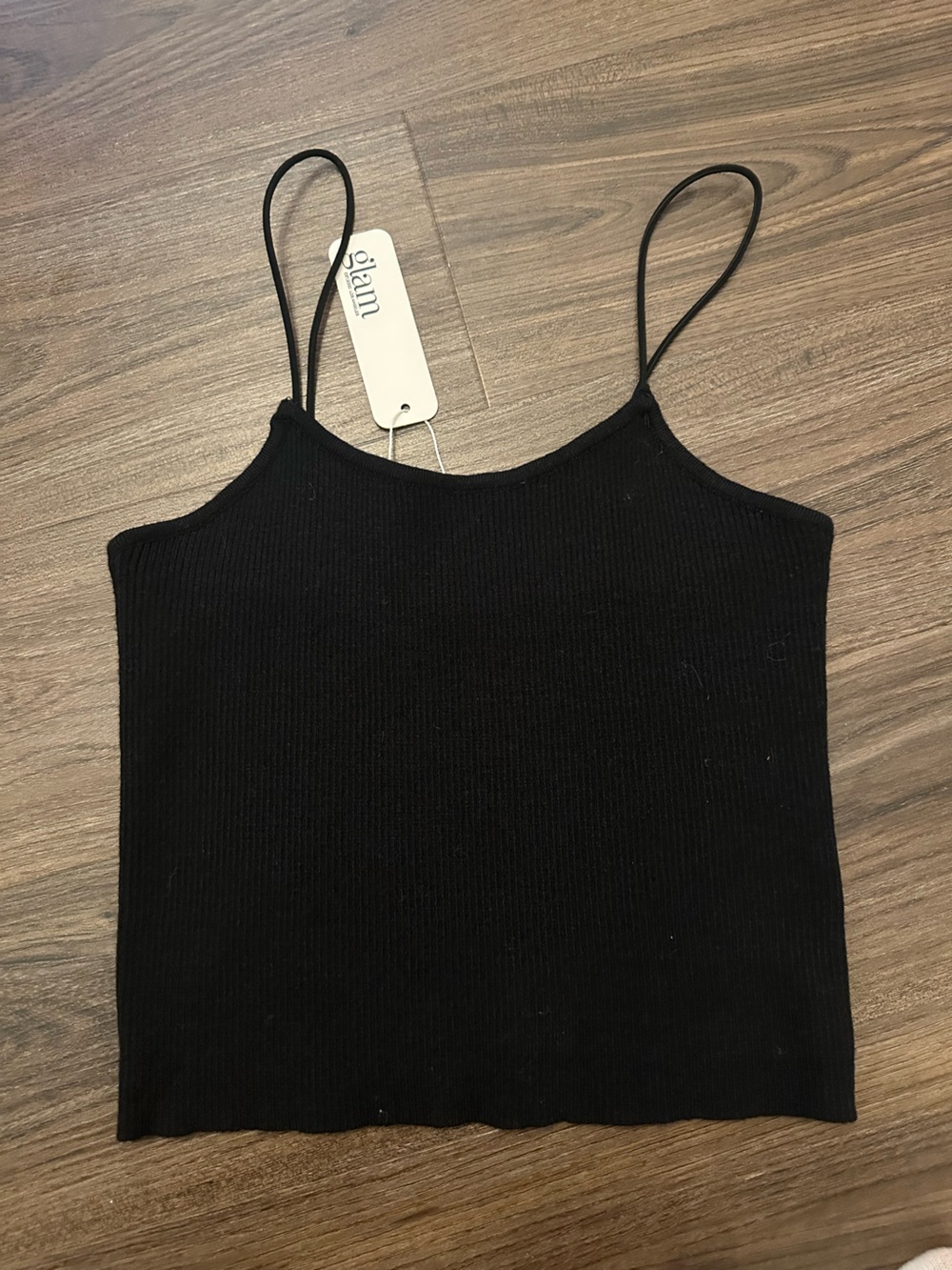 NWT Glam Size M Black Ribbed Tank Top with Spaghetti Straps